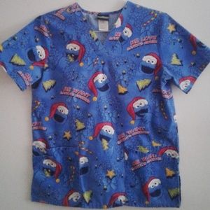 Cookie Monster Christmas Scrub Top Size Small